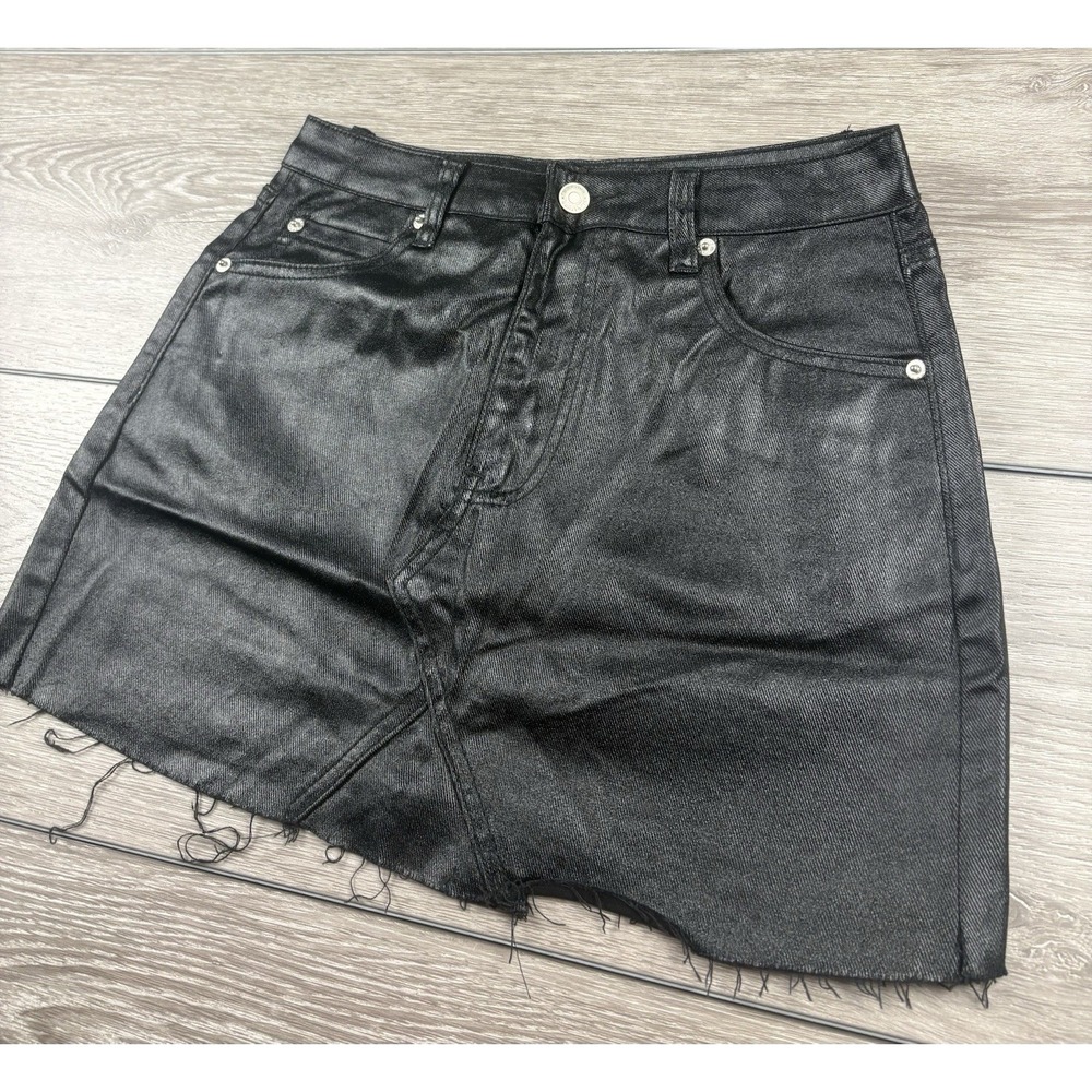 American Threads Womens Mini Skirt Coated Denim Raw Hem Black Size Small